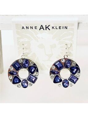 NWT Anne Klein Silver Tone Hoop drop earrings with Purple & White Stones